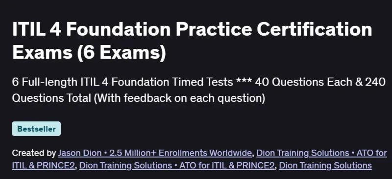 ITIL 4 Foundation Practice Certification Exams (6 Exams) Course