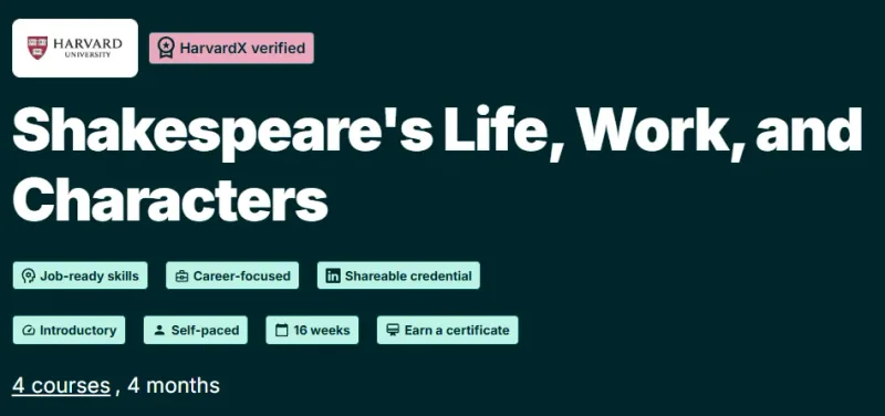 Shakespeare’s Life, Work, and Characters course