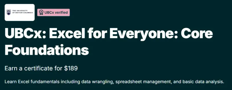 UBCx: Excel for Everyone: Core Foundations course