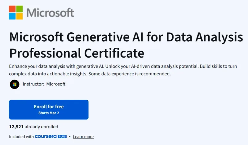 Microsoft Generative AI for Data Analysis Professional Certificate course